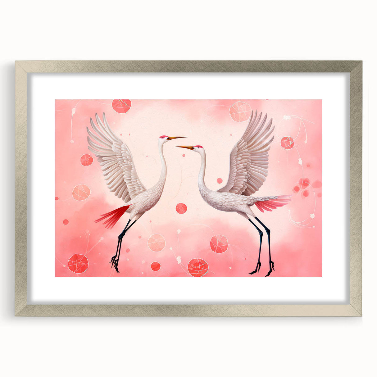 Maximalist Wall Art – Elegant Decor with Dancing Cranes on Pink