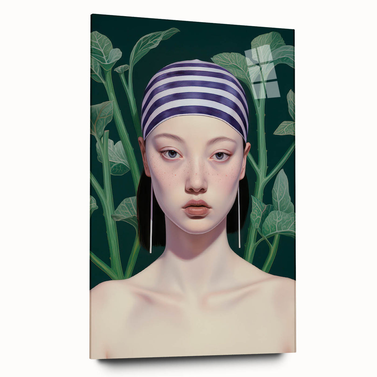 Maximalist Wall Art – Eclectic Portrait with Bold Stripes and Greenery