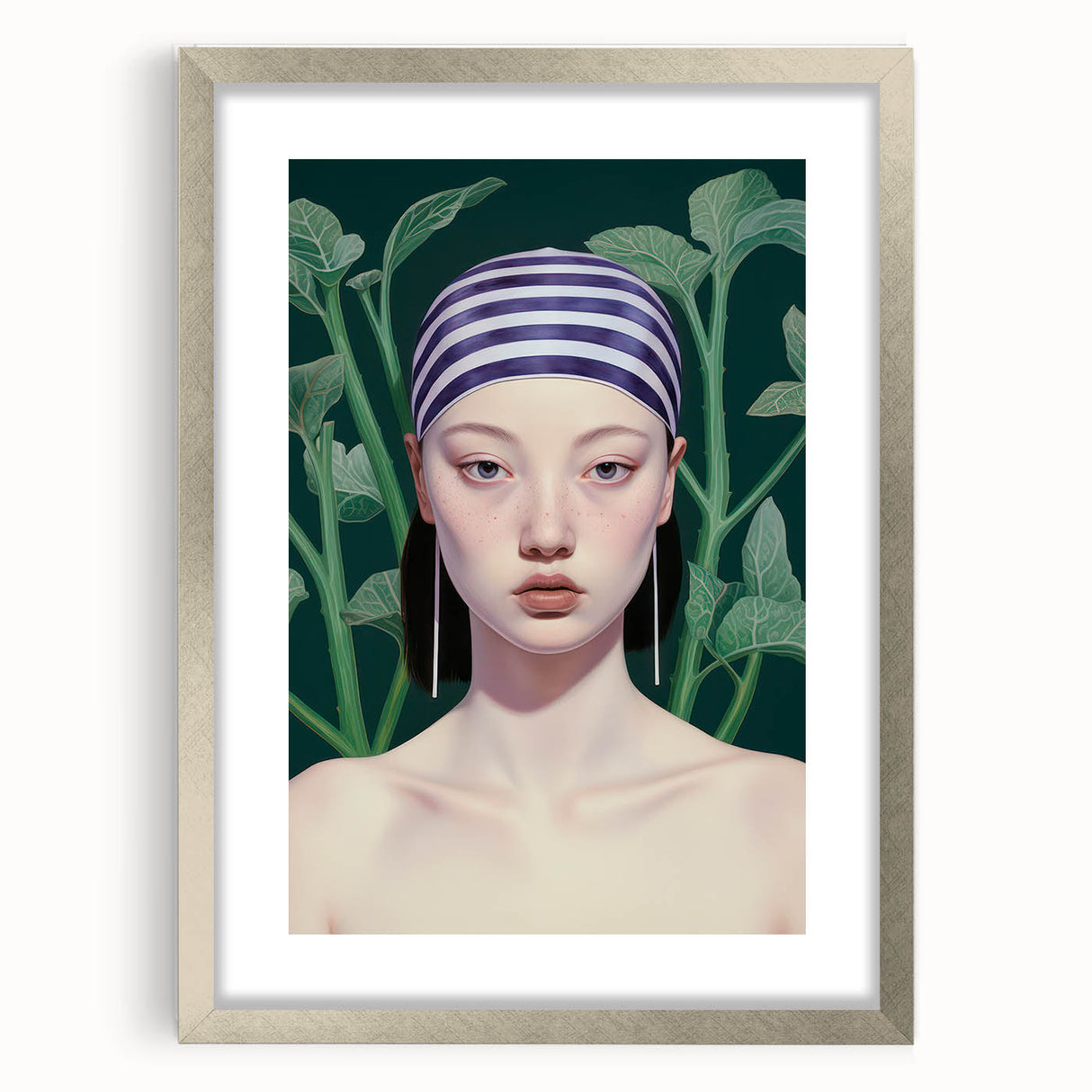 Maximalist Wall Art – Eclectic Portrait with Bold Stripes and Greenery