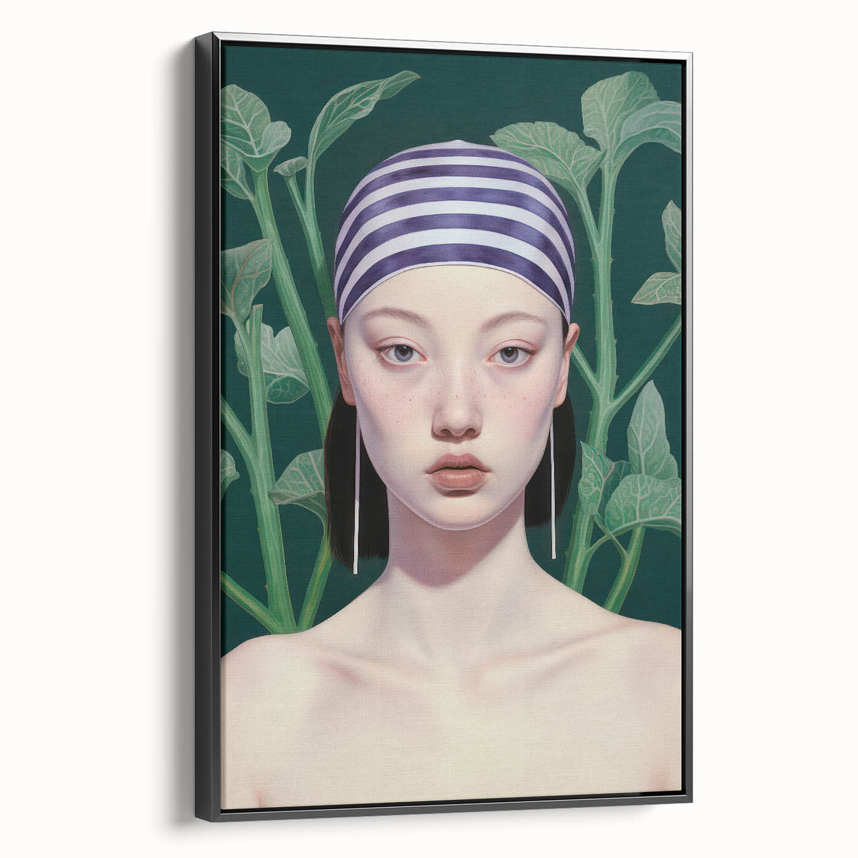 Maximalist Wall Art – Eclectic Portrait with Bold Stripes and Greenery