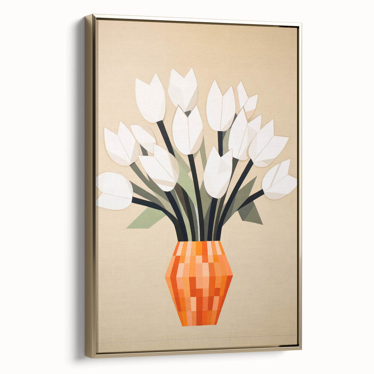 Maximalist Wall Art – Bold Geometric Floral Vase with White Tulips