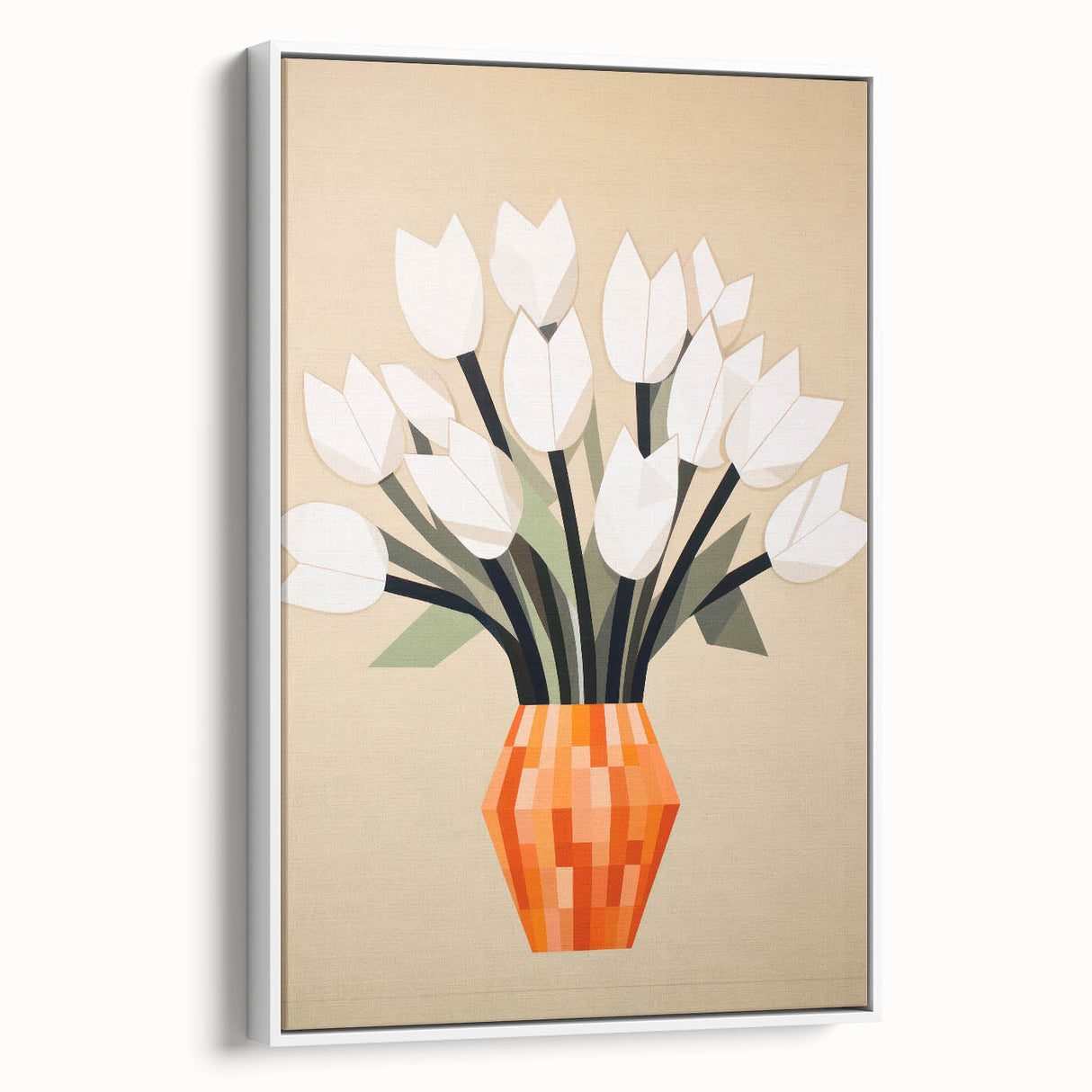 Maximalist Wall Art – Bold Geometric Floral Vase with White Tulips