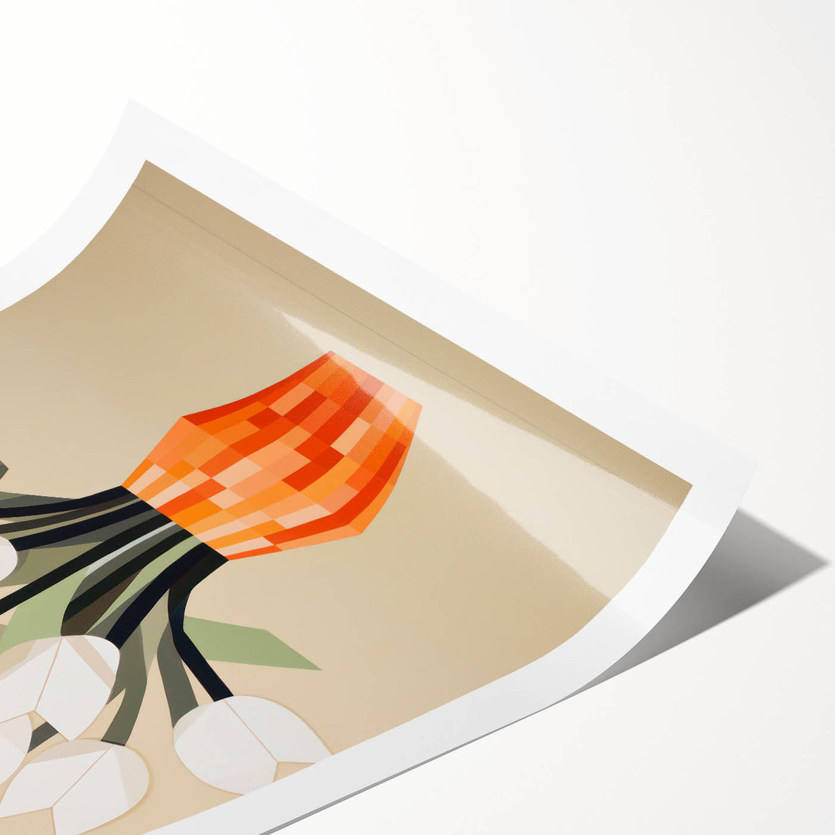 Maximalist Wall Art – Bold Geometric Floral Vase with White Tulips