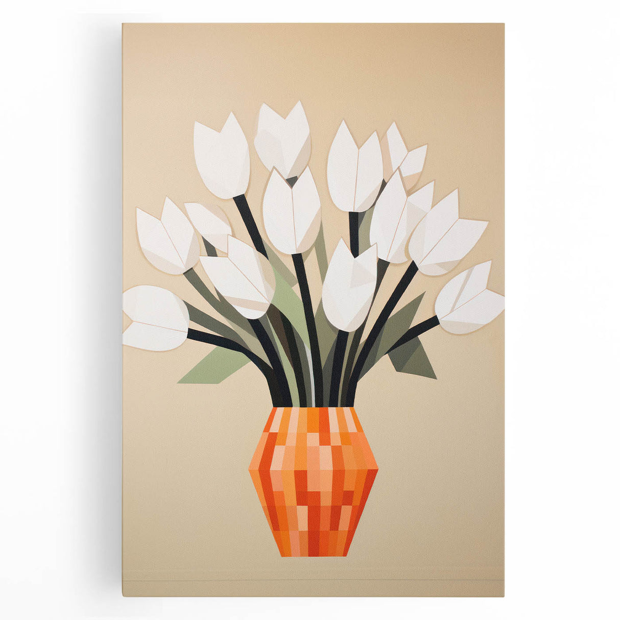 Maximalist Wall Art – Bold Geometric Floral Vase with White Tulips