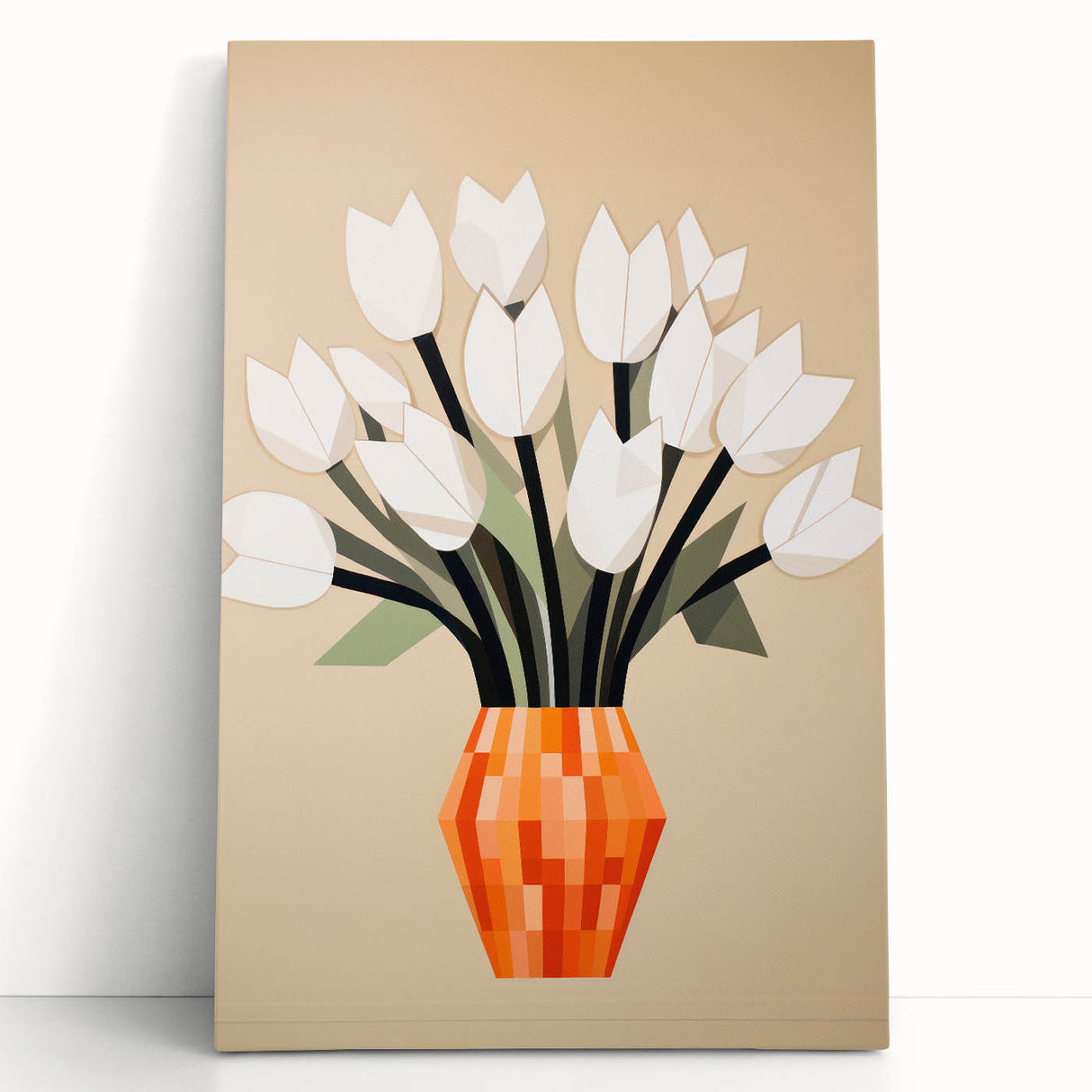 Maximalist Wall Art – Bold Geometric Floral Vase with White Tulips