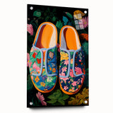 Maximalist Wall Art – Bold Floral Shoes with Vibrant Botanical Background