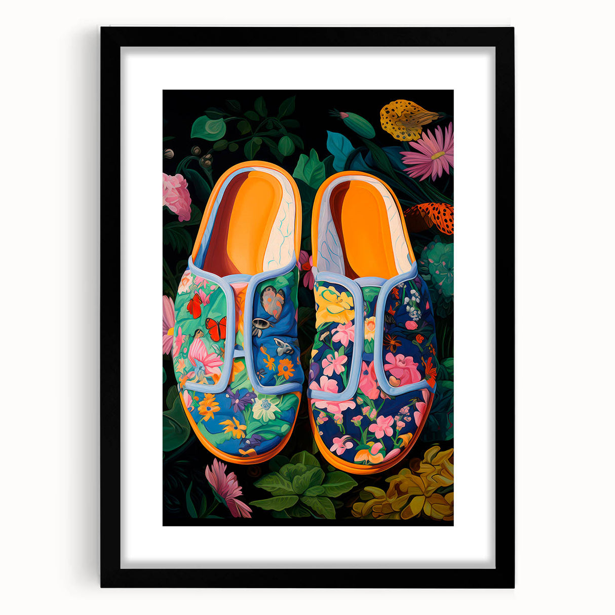 Maximalist Wall Art – Bold Floral Shoes with Vibrant Botanical Background