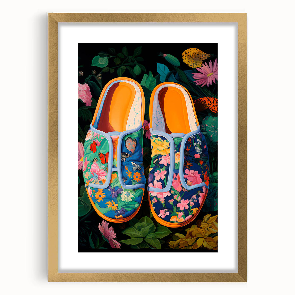 Maximalist Wall Art – Bold Floral Shoes with Vibrant Botanical Background