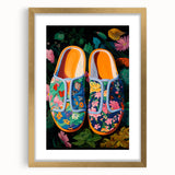Maximalist Wall Art – Bold Floral Shoes with Vibrant Botanical Background