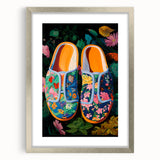 Maximalist Wall Art – Bold Floral Shoes with Vibrant Botanical Background
