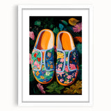 Maximalist Wall Art – Bold Floral Shoes with Vibrant Botanical Background