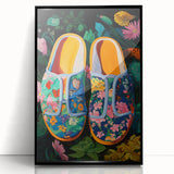 Maximalist Wall Art – Bold Floral Shoes with Vibrant Botanical Background