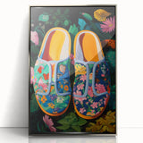 Maximalist Wall Art – Bold Floral Shoes with Vibrant Botanical Background