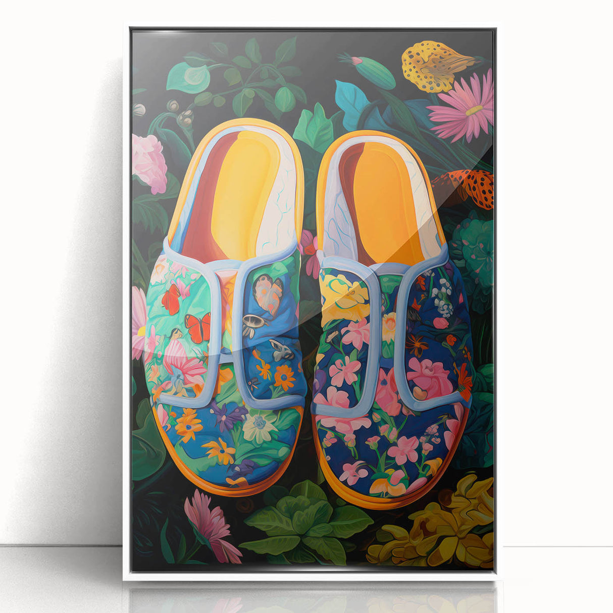 Maximalist Wall Art – Bold Floral Shoes with Vibrant Botanical Background