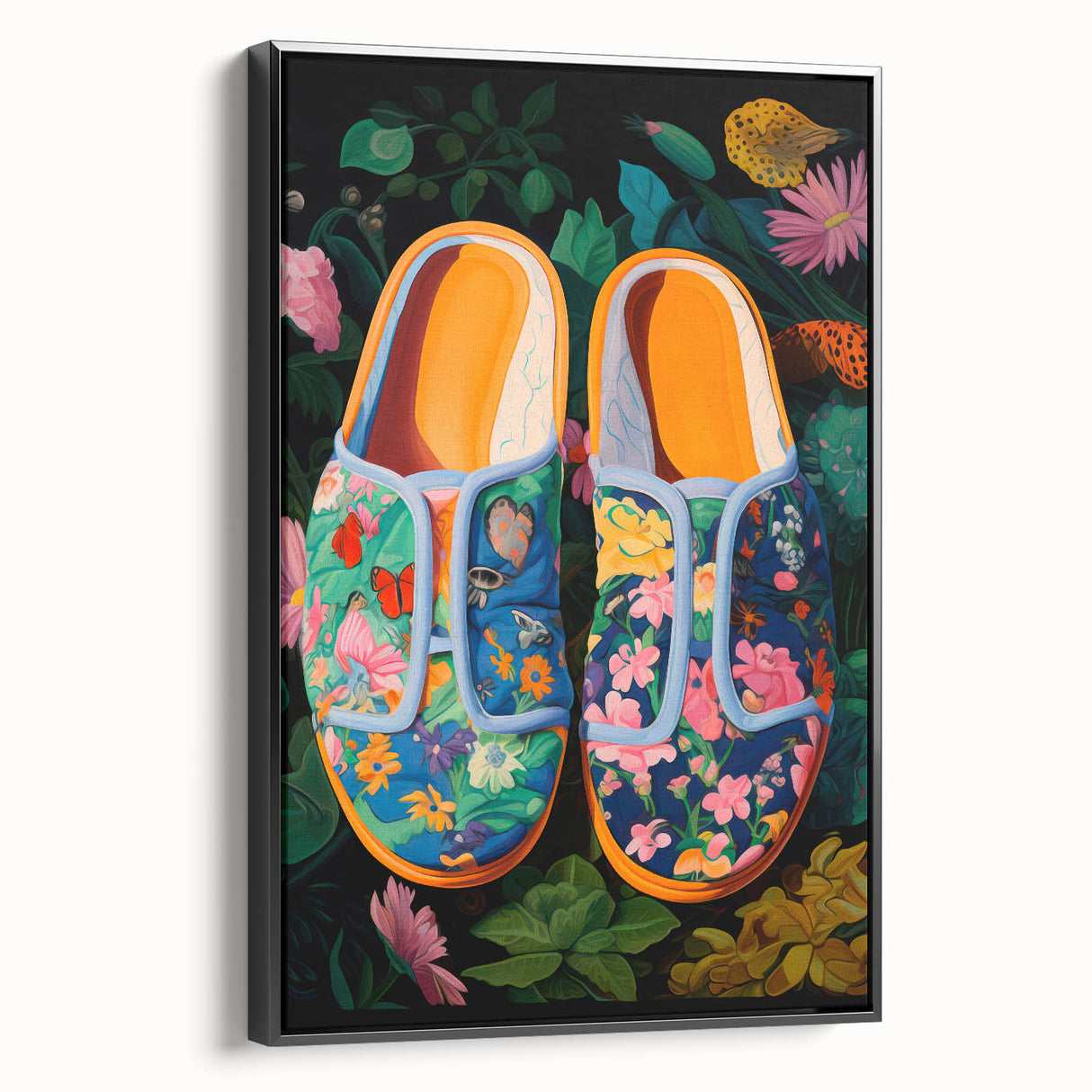 Maximalist Wall Art – Bold Floral Shoes with Vibrant Botanical Background
