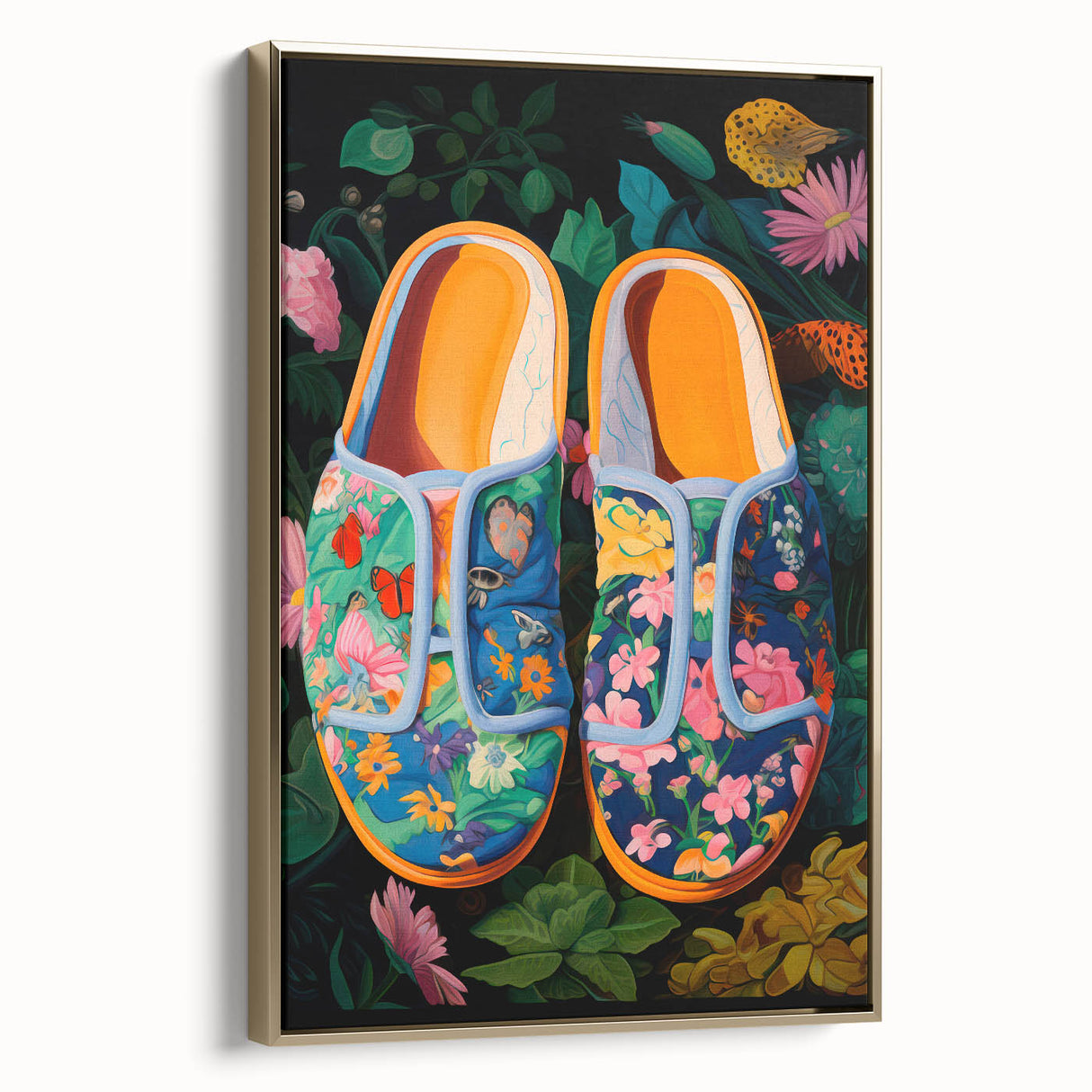 Maximalist Wall Art – Bold Floral Shoes with Vibrant Botanical Background