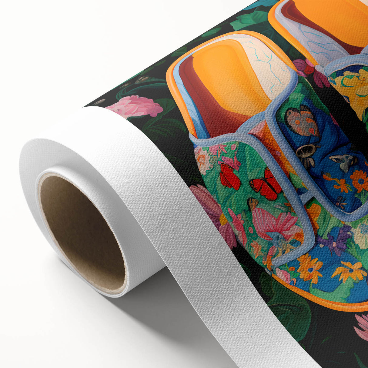 Maximalist Wall Art – Bold Floral Shoes with Vibrant Botanical Background