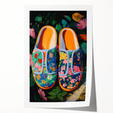 Maximalist Wall Art – Bold Floral Shoes with Vibrant Botanical Background