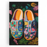 Maximalist Wall Art – Bold Floral Shoes with Vibrant Botanical Background