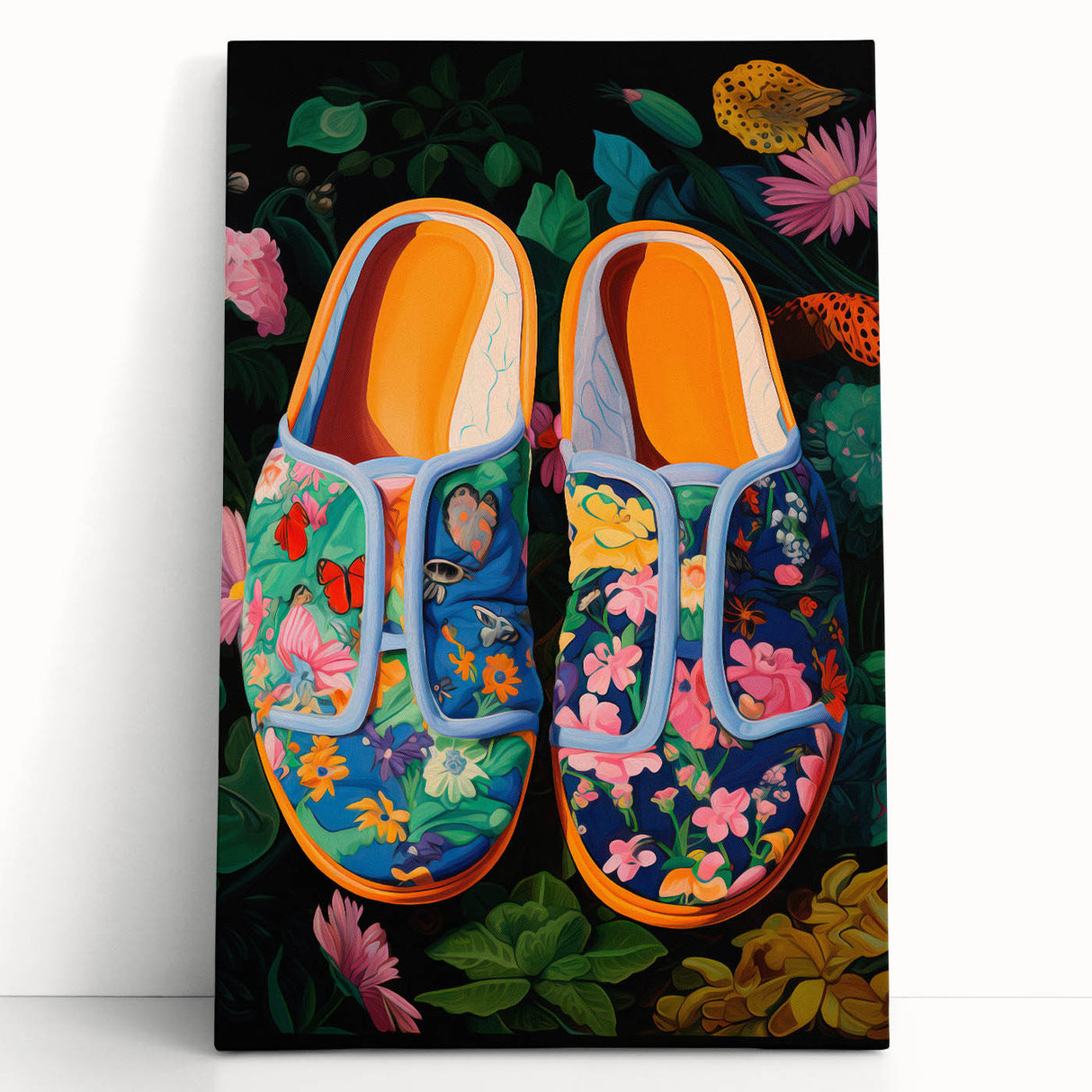 Maximalist Wall Art – Bold Floral Shoes with Vibrant Botanical Background