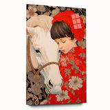 Maximalist Wall Art – Heartfelt Portrait of Child and Horse in Floral Red