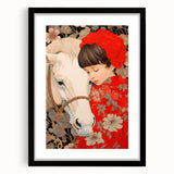 Maximalist Wall Art – Heartfelt Portrait of Child and Horse in Floral Red