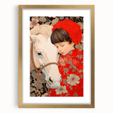 Maximalist Wall Art – Heartfelt Portrait of Child and Horse in Floral Red