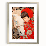 Maximalist Wall Art – Heartfelt Portrait of Child and Horse in Floral Red