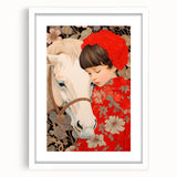 Maximalist Wall Art – Heartfelt Portrait of Child and Horse in Floral Red