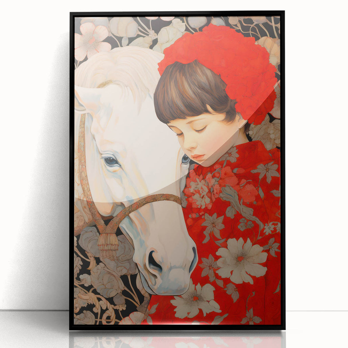 Maximalist Wall Art – Heartfelt Portrait of Child and Horse in Floral Red