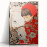 Maximalist Wall Art – Heartfelt Portrait of Child and Horse in Floral Red