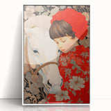 Maximalist Wall Art – Heartfelt Portrait of Child and Horse in Floral Red
