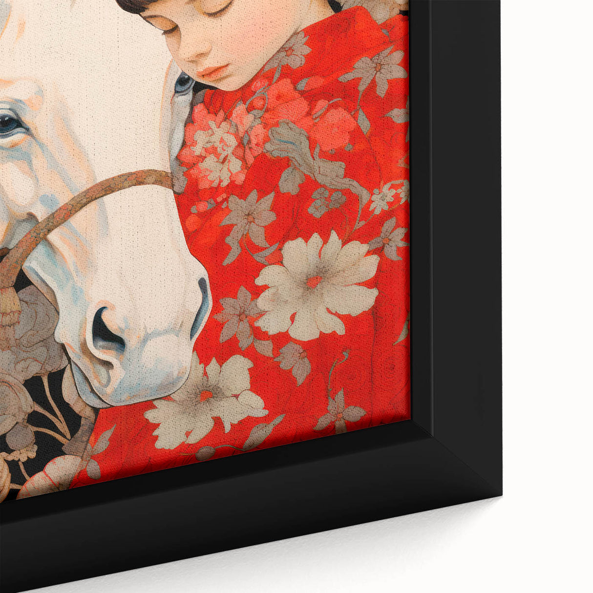 Maximalist Wall Art – Heartfelt Portrait of Child and Horse in Floral Red