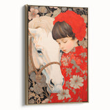Maximalist Wall Art – Heartfelt Portrait of Child and Horse in Floral Red