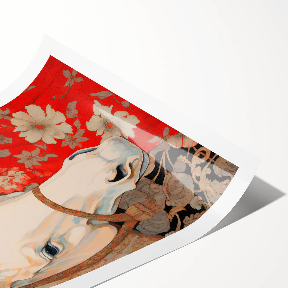 Maximalist Wall Art – Heartfelt Portrait of Child and Horse in Floral Red