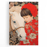 Maximalist Wall Art – Heartfelt Portrait of Child and Horse in Floral Red