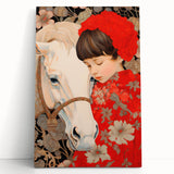 Maximalist Wall Art – Heartfelt Portrait of Child and Horse in Floral Red