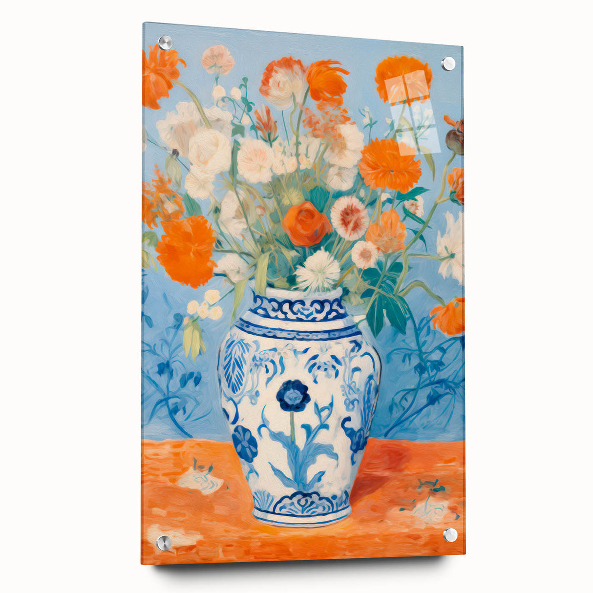 Maximalist Wall Art – Bold Floral Still Life in Blue and Orange Vase