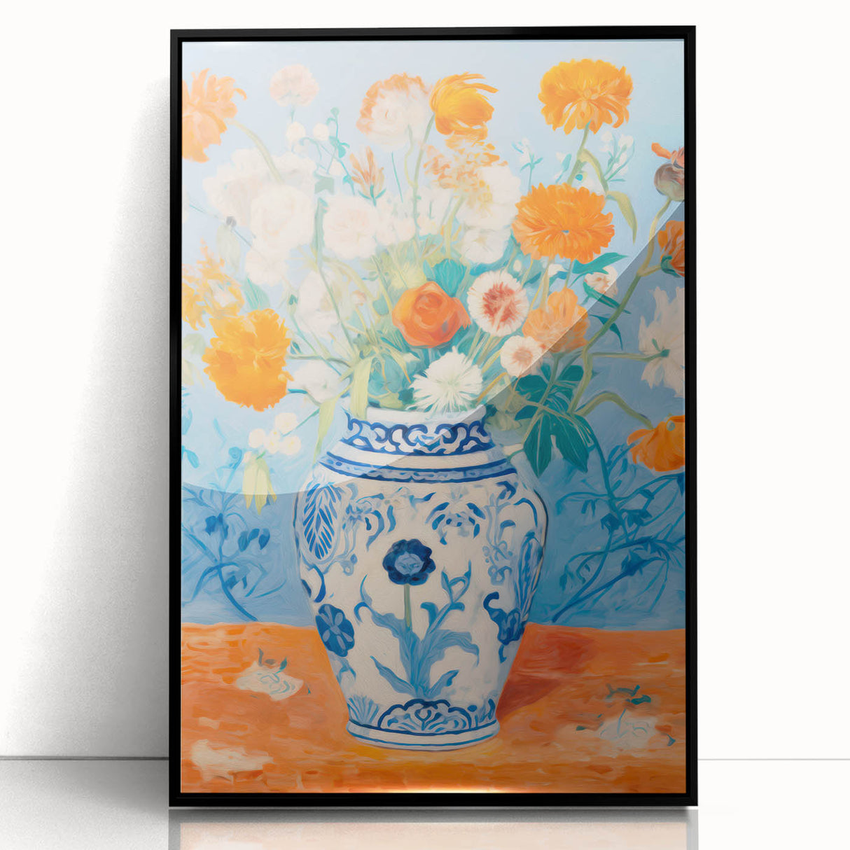 Maximalist Wall Art – Bold Floral Still Life in Blue and Orange Vase