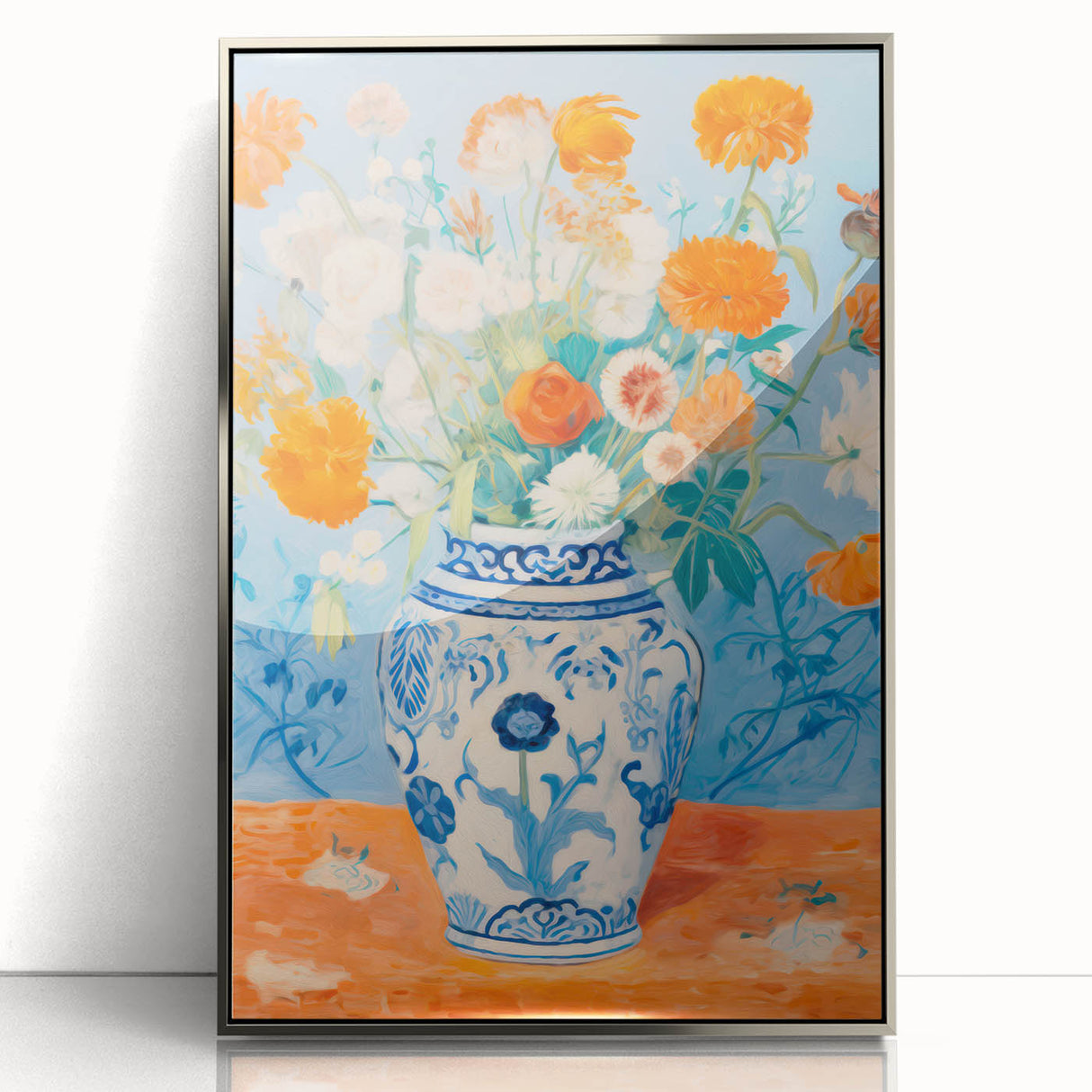 Maximalist Wall Art – Bold Floral Still Life in Blue and Orange Vase