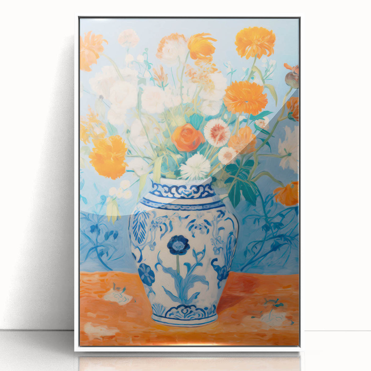 Maximalist Wall Art – Bold Floral Still Life in Blue and Orange Vase