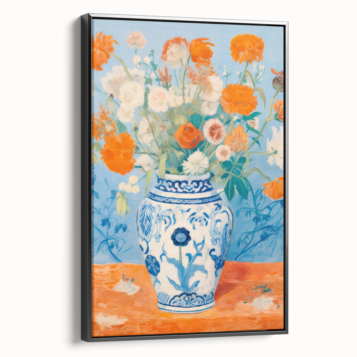 Maximalist Wall Art – Bold Floral Still Life in Blue and Orange Vase