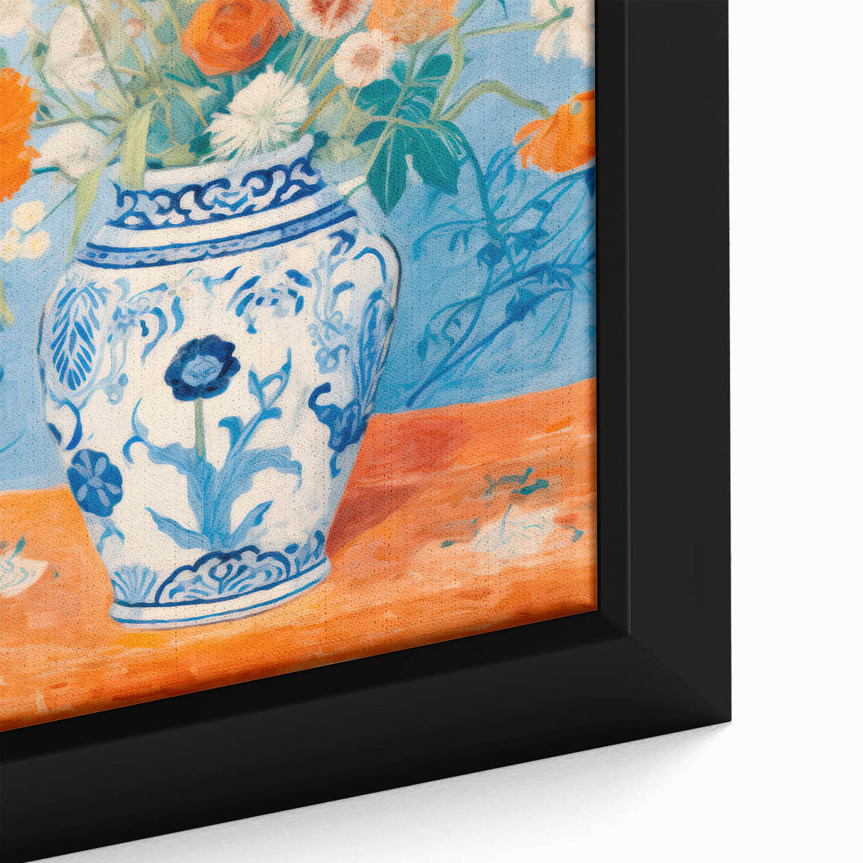 Maximalist Wall Art – Bold Floral Still Life in Blue and Orange Vase
