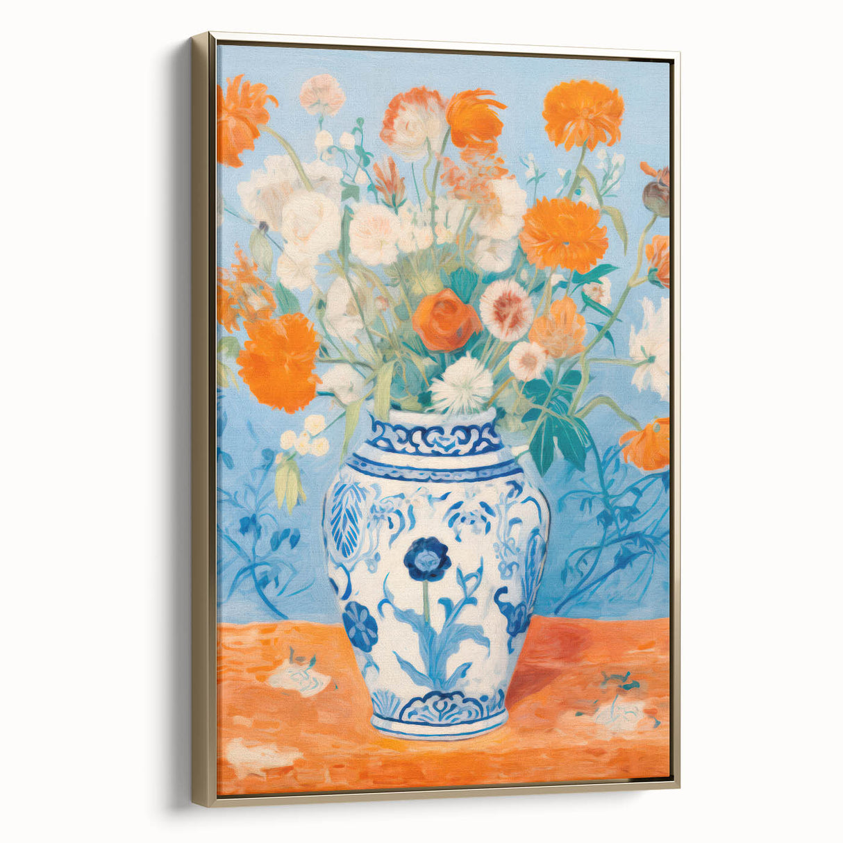 Maximalist Wall Art – Bold Floral Still Life in Blue and Orange Vase