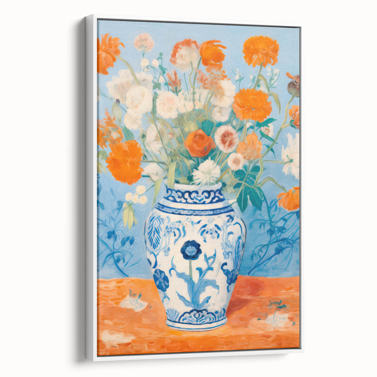 Maximalist Wall Art – Bold Floral Still Life in Blue and Orange Vase