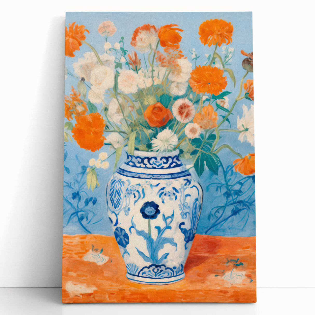 Maximalist Wall Art – Bold Floral Still Life in Blue and Orange Vase