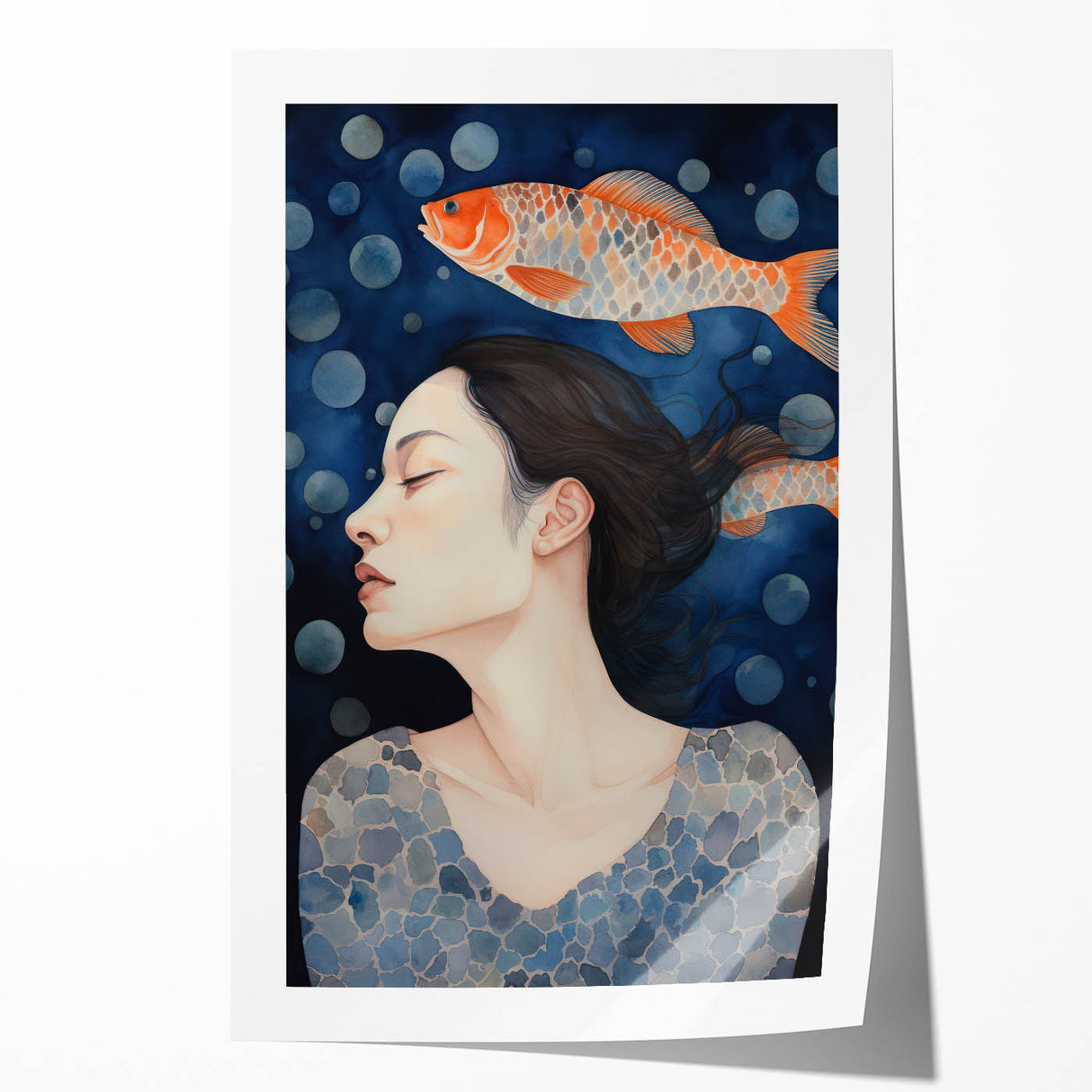 Maximalist Wall Art – Dreamy Underwater Portrait with Koi Fish