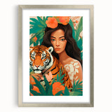 Maximalist Wall Art – Bold Portrait of Woman and Tiger with Floral Accents