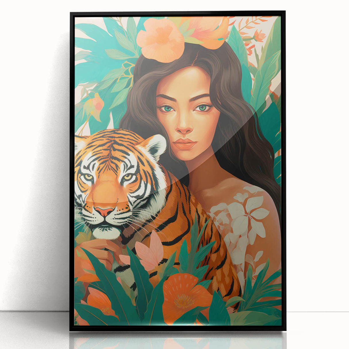 Maximalist Wall Art – Bold Portrait of Woman and Tiger with Floral Accents