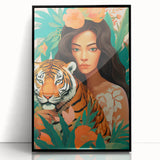 Maximalist Wall Art – Bold Portrait of Woman and Tiger with Floral Accents